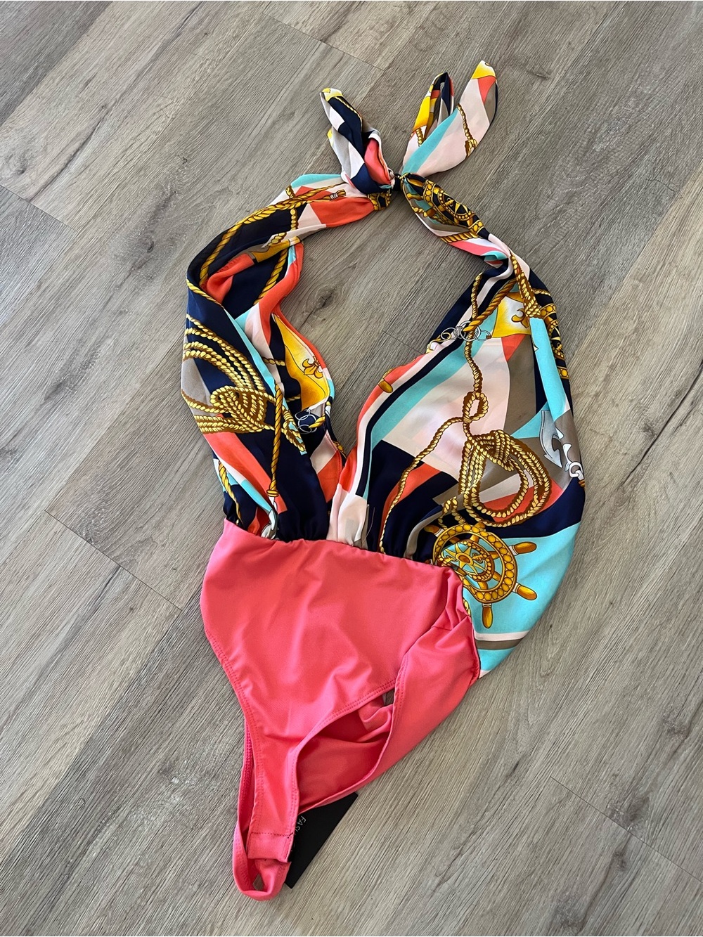 Stylish Coral & Nautical Print Halter Bodysuit